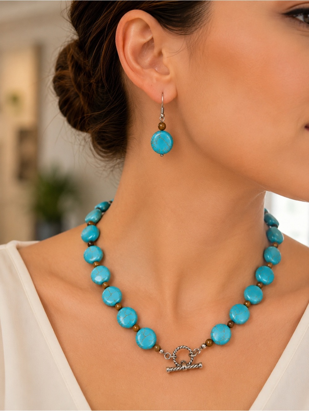 Turquoise Bead Necklace with Matching Earrings